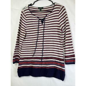 LRL Lauren Jeans Co. Women's Size Med White/Red Long Sleeve V-Neck Striped Top